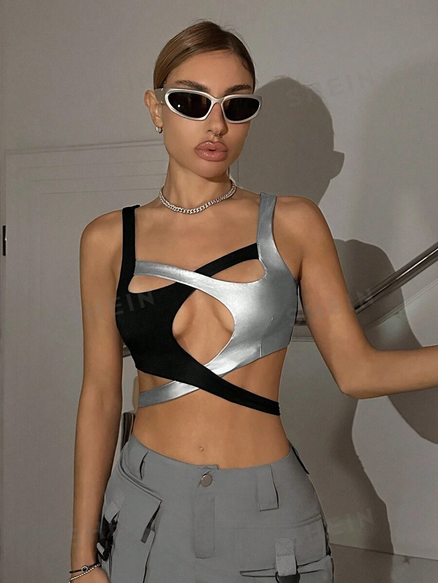 SHEIN ICON Top de tirantes asimétrico cruzado de bloque de color