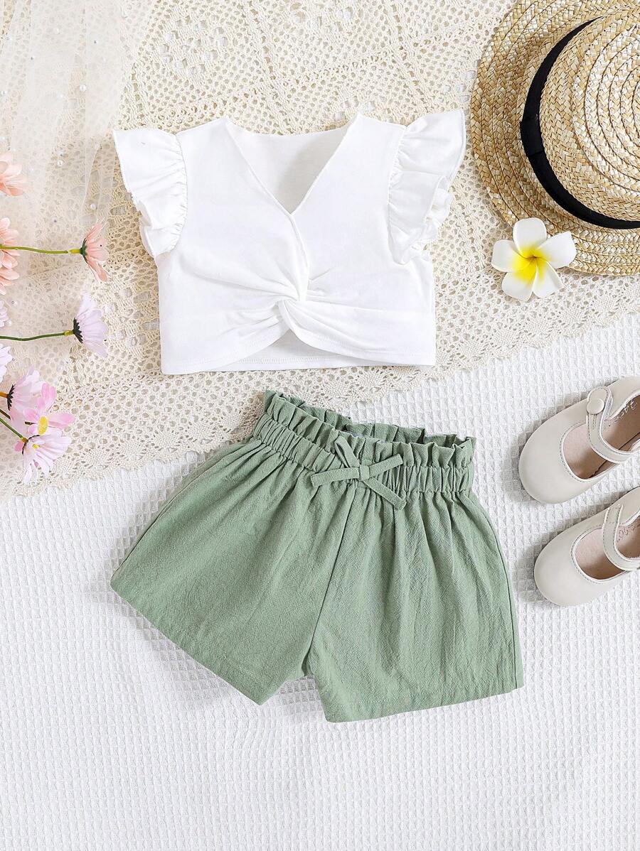 Babymeisje Casual Effen kleur Gedraaide voorkant Fladdermouwen Tops En Short set