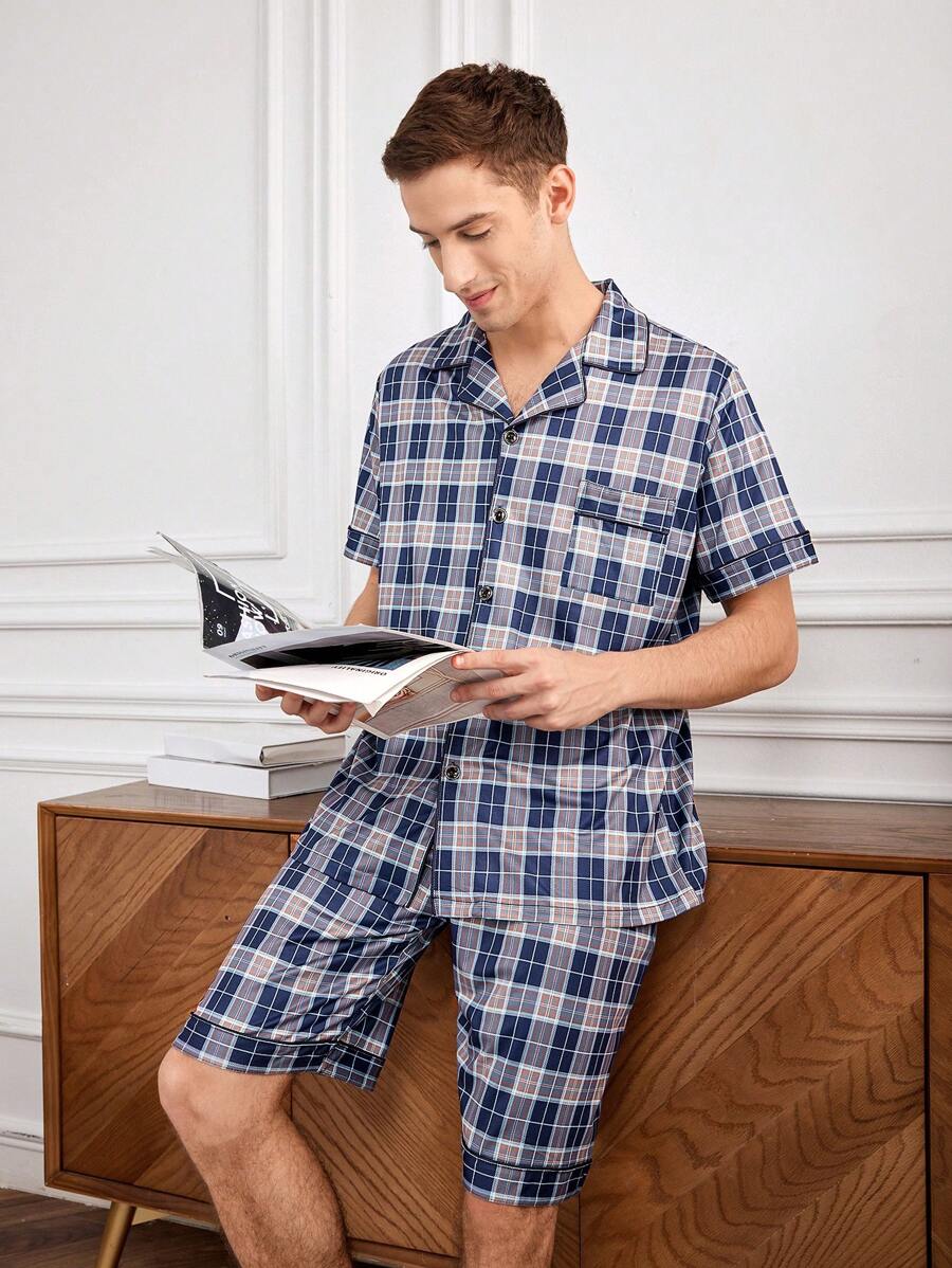 Conjunto De Ropa De Estar Por Casa Para Hombre Con Camisa De Cuadros De Manga Corta Y Pantalón Corto Con Bordes Enrollados