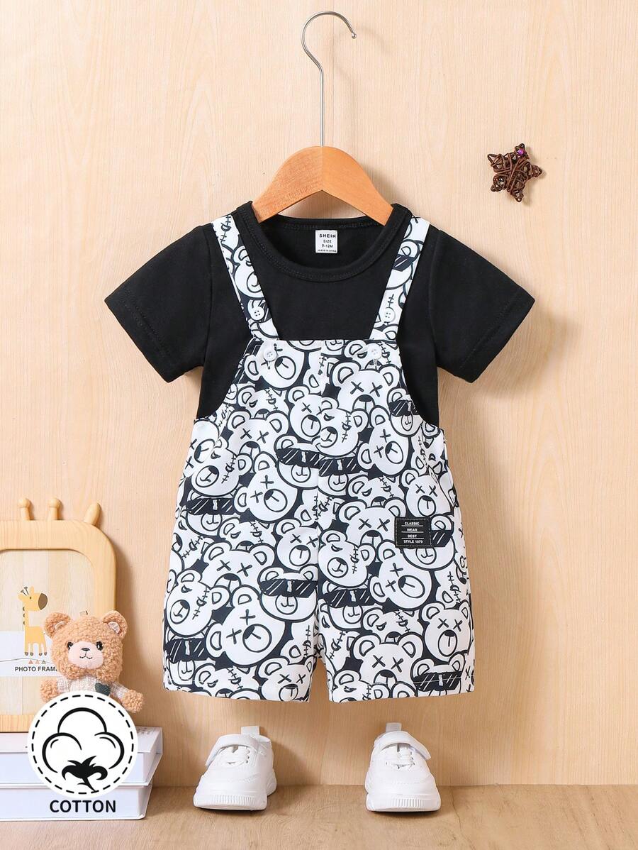 Conjunto Casual Para Bebé Niño Con Camiseta De Color Sólido, Lentes De Sol, Tirantes Con Shorts Con Patrón De Oso Y Cicatriz. Primavera/verano