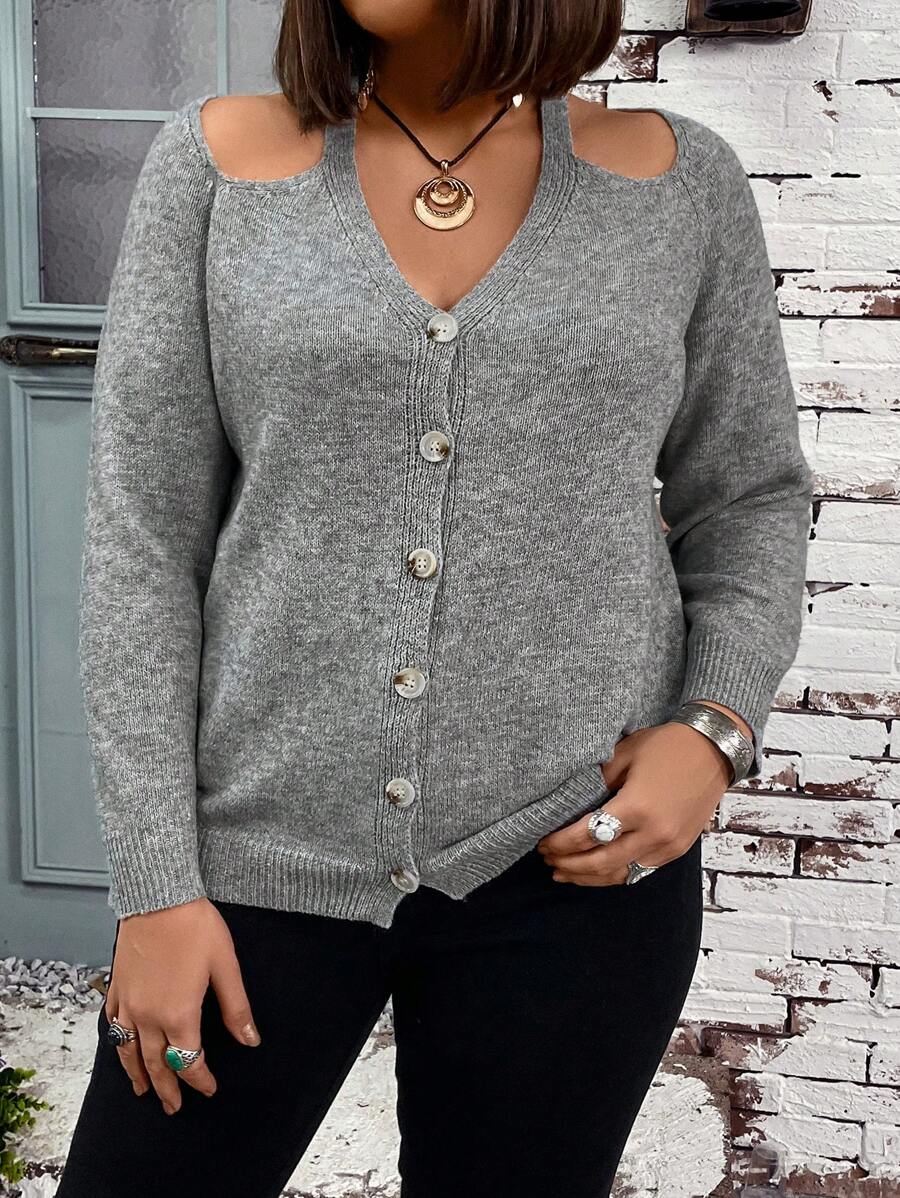 SHEIN LUNE Plus Size Open Shoulder Front Button Cardigan