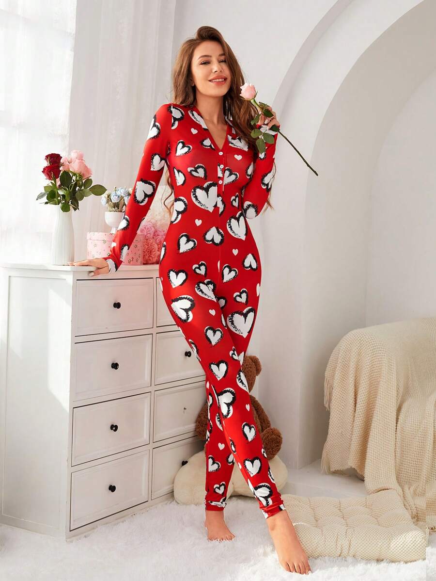Mono de pijama minimalista y cómodo con estampado de corazón rojo para mujer, nuevo diseño para el Día de San Valentín