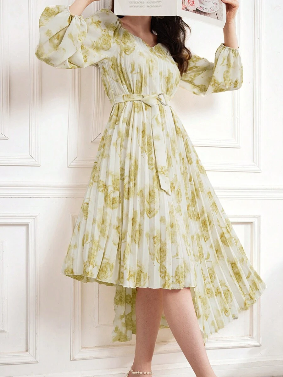 Modelyn Vestido largo de noche con estampado floral, cuello corazón, mangas farol y bajo asimétrico