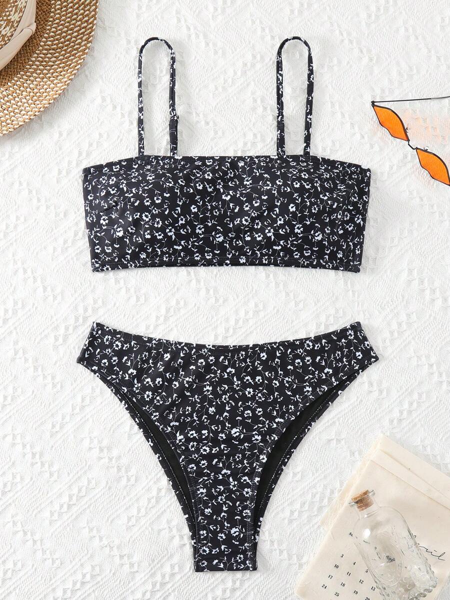 SHEIN Swim Women's Ditsy Floral Two Pieces Bikini Set, Bikini Set Swimwear Bathing Suit Beach Outfit Summer Vacation Summer Beach