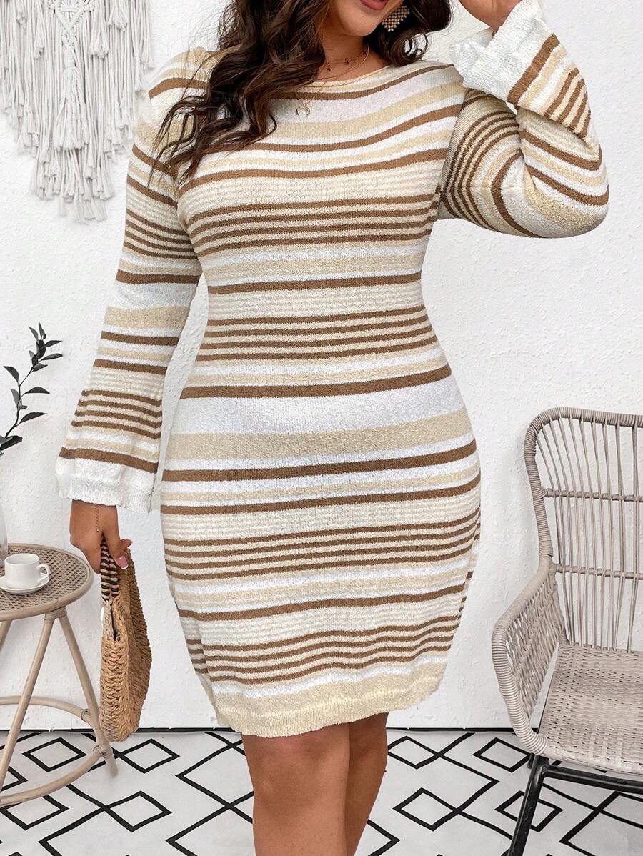 Flirla Plus Size Colorblock Striped Open Back Sweater Dress With Waist Tie