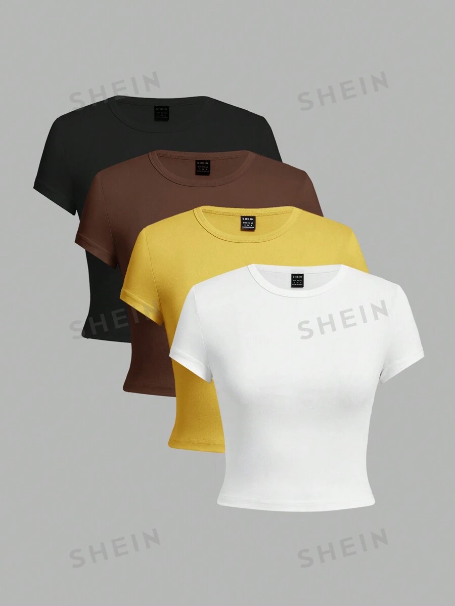 SHEIN EZwear Set de 4 camisetas ajustadas de mujer de manga corta y cuello redondo, versátiles y casuales, aptas para el verano