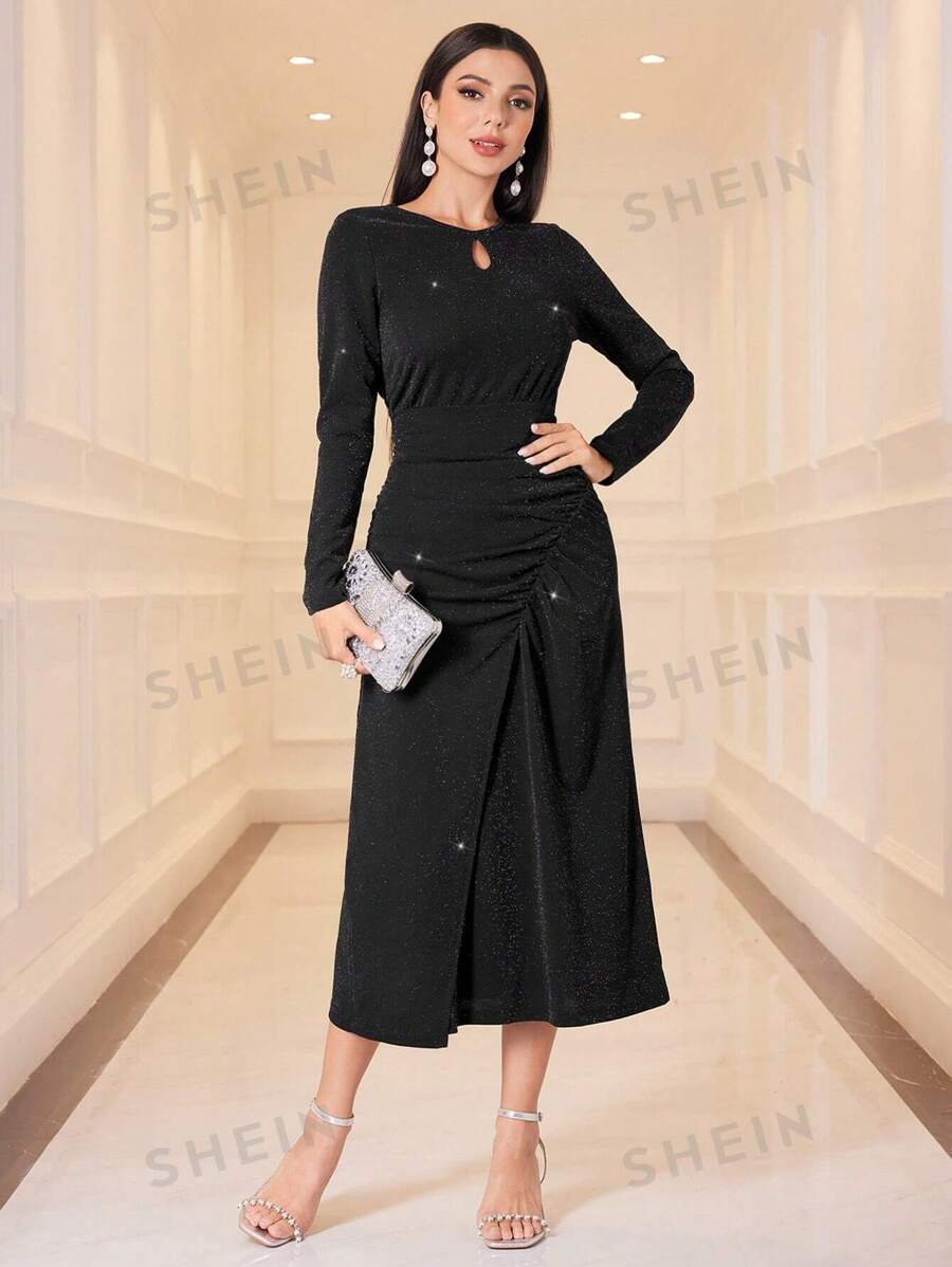 Modelyn Vestido De Brillo Plisado Con Abertura