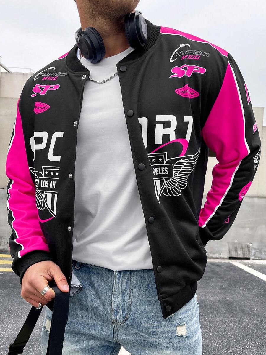 Manfinity EMRG Men Plus Color Blocking Wing & Letter Print College Style Jacket