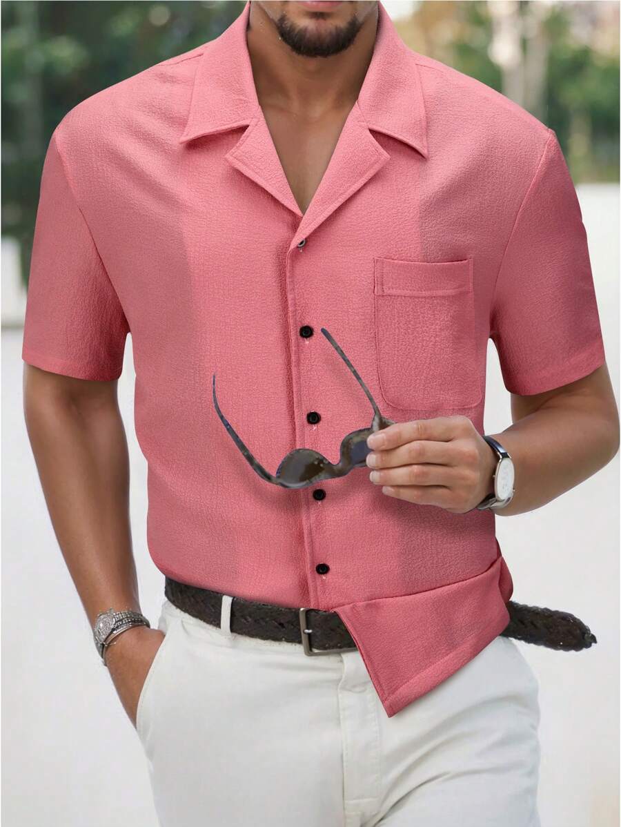 Manfinity Homme Camisa Rosa Texturizada De Manga Corta De Talla Grande Para Hombres