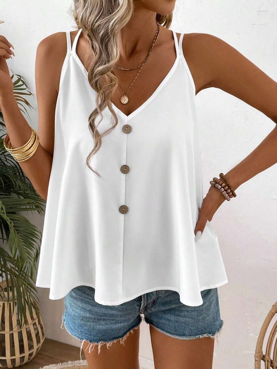 SHEIN Débardeur à bretelles doubles décoré de boutons pour femme pour l"été
