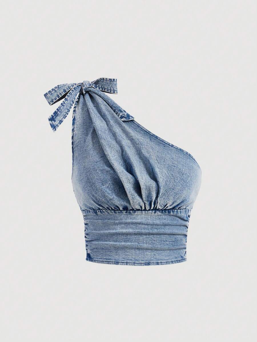SHEIN MOD Easter Tops Cute Summer Tops Bow Pleater Tops Corset Top Vintage Sweet Ruffled Strap Denim One Shoulder Top For Women, Blue