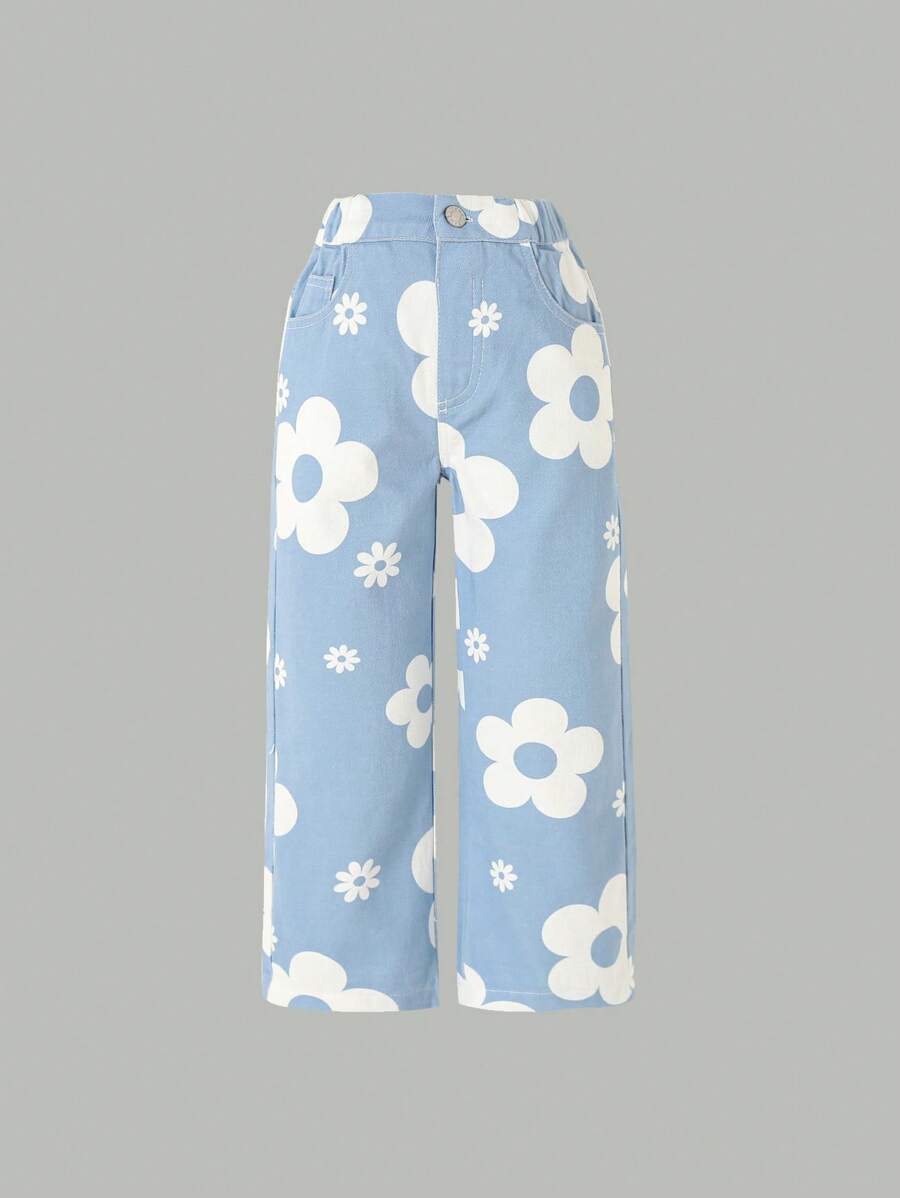 SHEIN Vaqueros De Mezclilla Lavada Suave Con Estampado De Flores Para Niñas Jóvenes