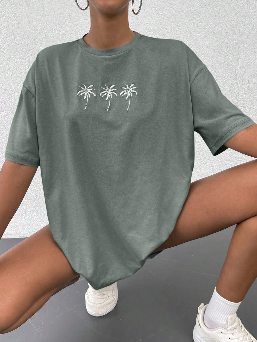 Cottnline Cotton Tropical Print Drop Shoulder Tee