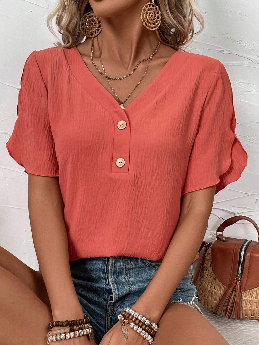 EMERY ROSE Women's V-Neck Button Up Half Placket Blouse