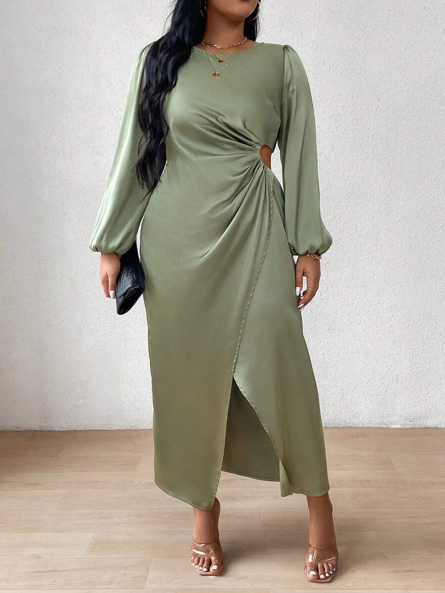 Celure Plus Size Lantern Sleeve Dress With Hollow Out Waist And Wrap Hem