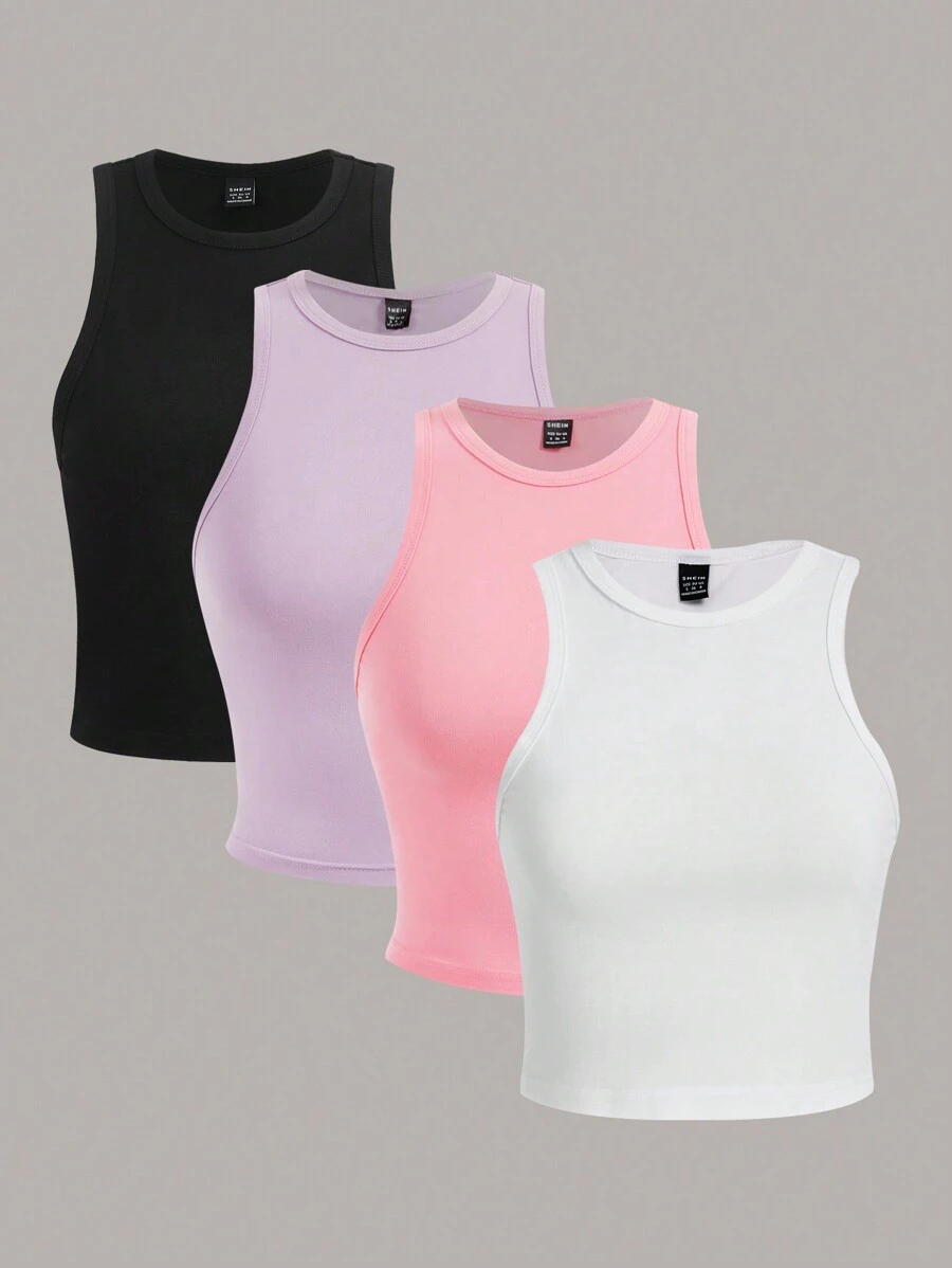 SHEIN Essnce 4 قطع من سترات خزان ضيقة اللون الصلب ذات رقبة طاقم، مناسبة للصيف