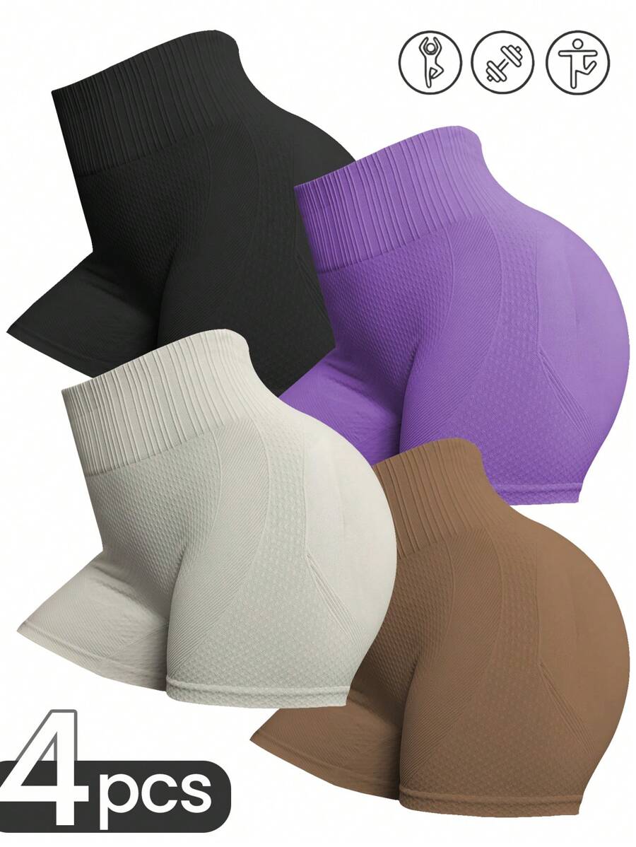 SHEIN Velisys 4pcs Solid Wideband Waist Sports Shorts Workout Legging Shorts Stretchy ShortsWomen Sweat Short, Gym Short, Biker Short