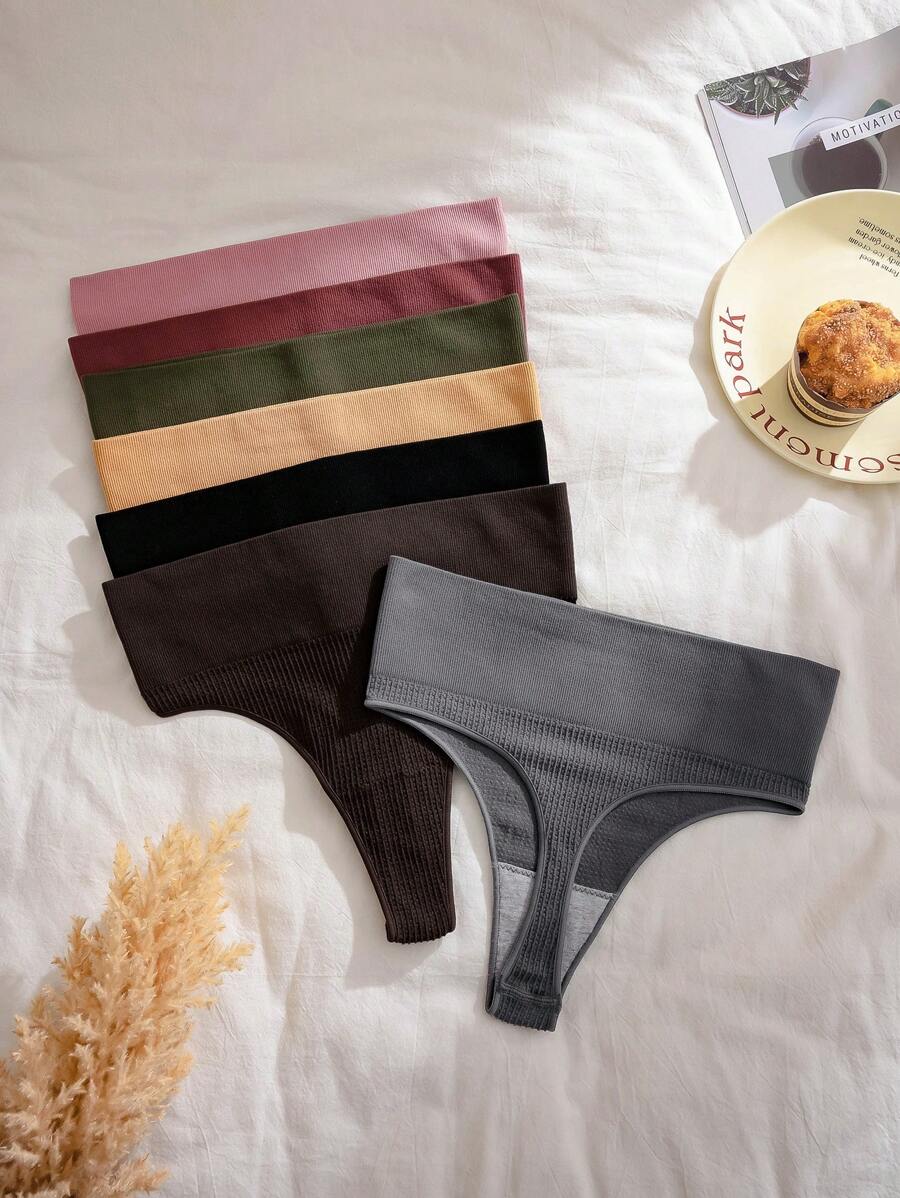 7 Stücke/Set Damen Komplettset Schlichter feingerippter Waffel Slip mit hoher Taille, sexy