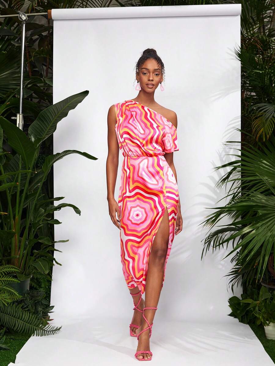 Debra Valencia Vestido asimétrico con estampado de geoda, abertura en el muslo y cuello, vestido de verano elegante para fiestas, cumpleaños, festivales, bodas, bailes de graduación