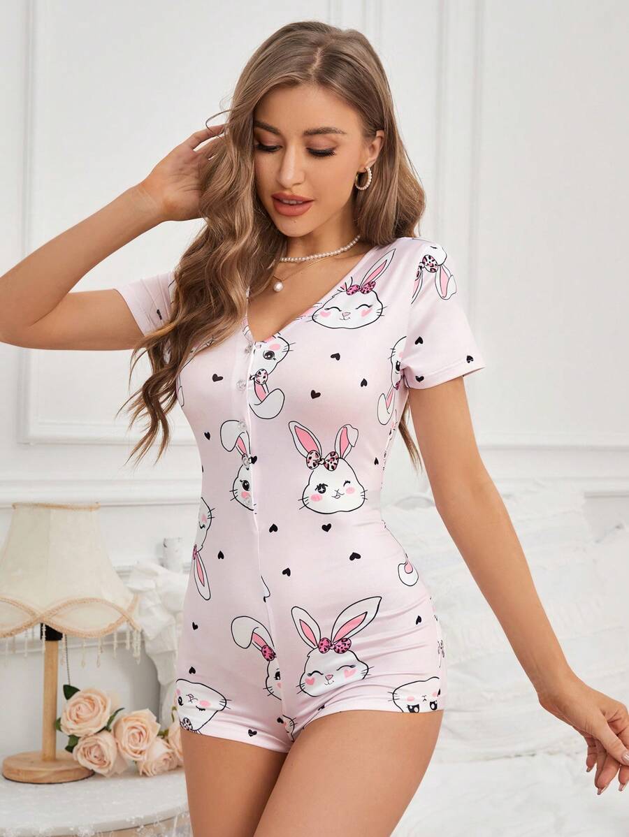 Mono De Pijama De Seda De Leche Con Impresión Digital De Conejo Con Cuello En V Para Mujer, 140g