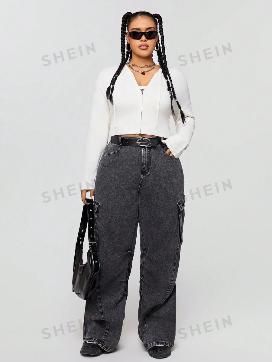 SHEIN EZwear CURVE Sudadera Con Capucha Casual De Talla Grande Y Diseño Corto Con Cierre De Cremallera En Invierno
