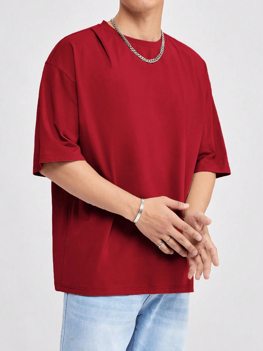 SWAVVY Men's Round Neck Drop Shoulder Knitted Casual T-Shirt, Summer