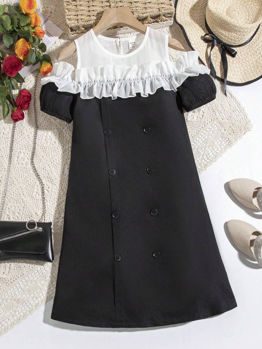 SHEIN Vestido De Moda Para Niñas Preadolescentes Con Hombros Descubiertos, Doble Botonadura, Dobladillo De Volantes Y Colores De Contraste Elegantes Y Dulces.