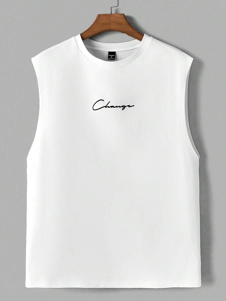 Manfinity VCAY Camiseta de tirantes redonda para hombre con estampado de letras, sin mangas, gráfica lisa en color blanco para uso urbano casual