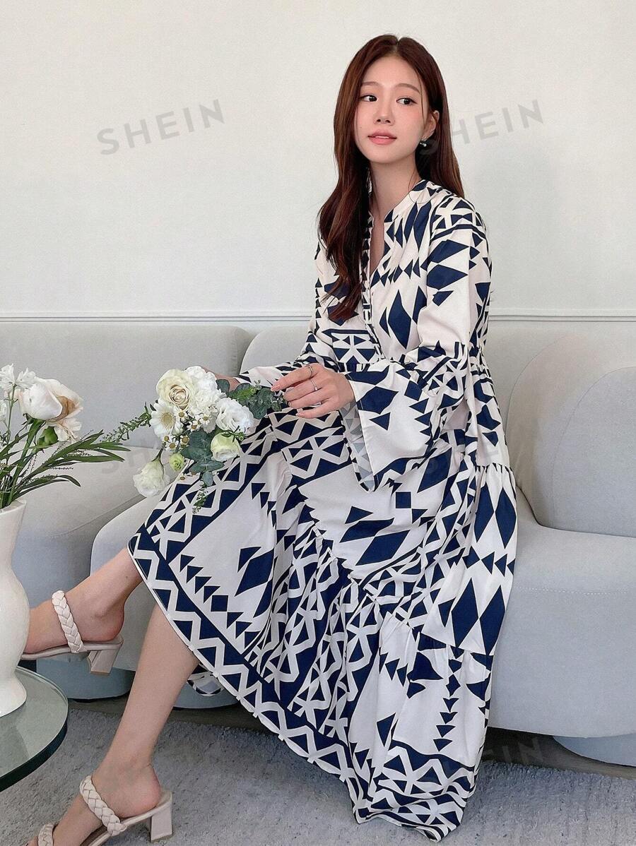 DAZY Vestido suelto con estampado geométrico todo sobre, cuello escotado, mangas acampanadas, volantes, ropa de mujer para otoño