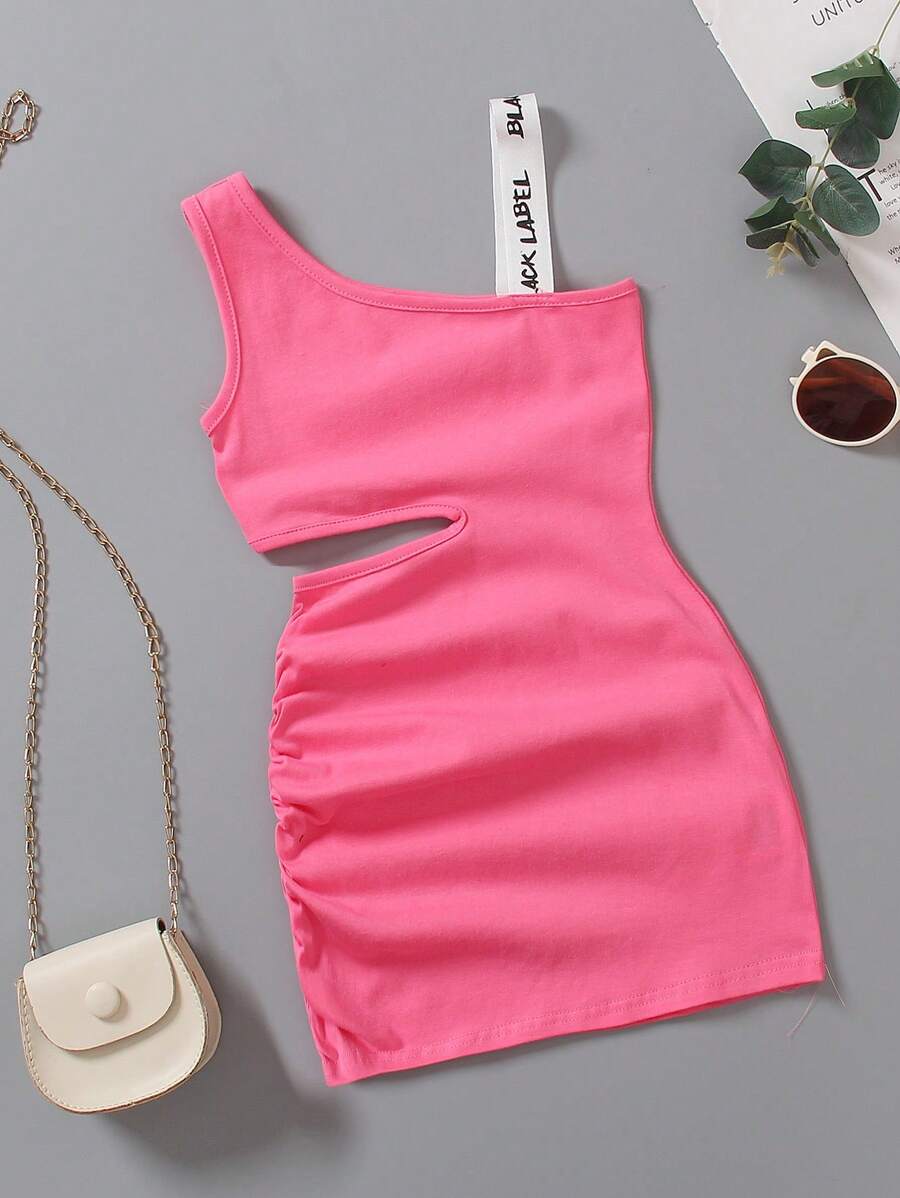SHEIN Rochie asimetrică cu bandă de litere cu bandă pentru fetiță