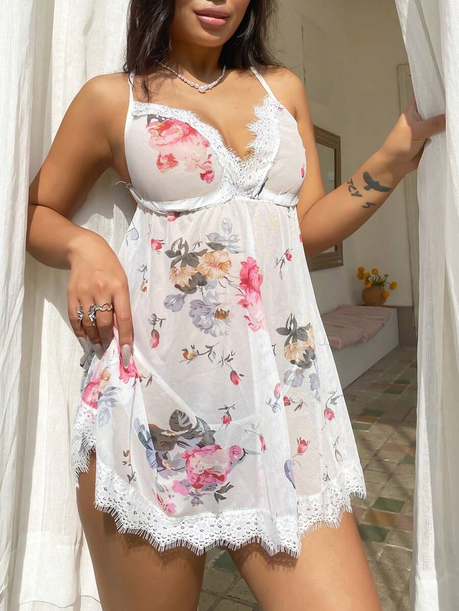 Flower Print Lace Trim Sexy Babydoll Lingerie Dress