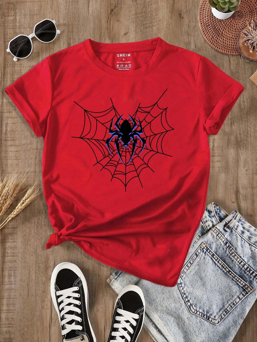 SHEIN LUNE Dames T-shirt met spinpatroon, casual ronde hals en korte mouwen, zomer