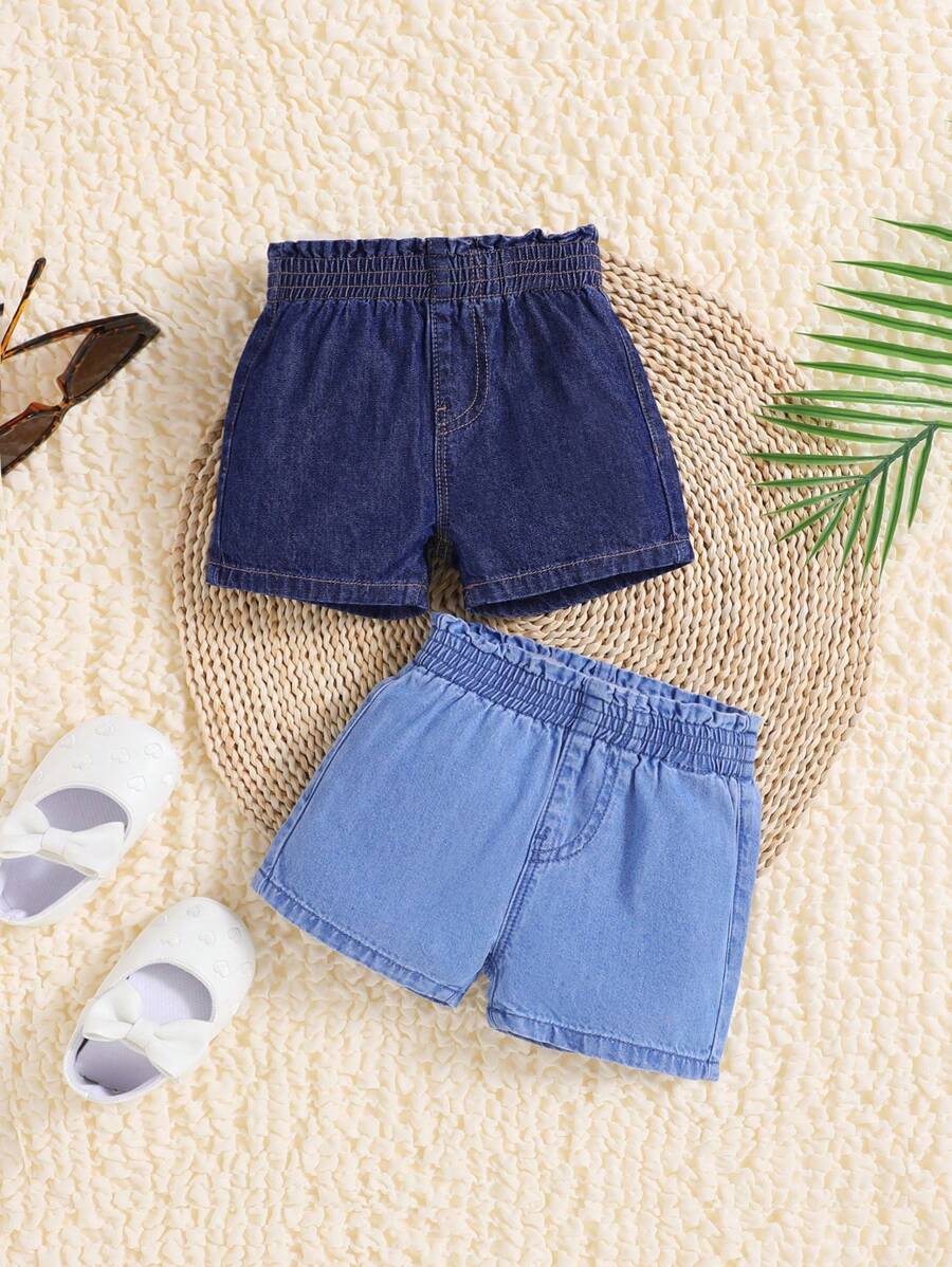 SHEIN Baby Girl Spring Summer Casual Lightweight Denim Shorts, Dark & Light Wash, 2pcs/Set