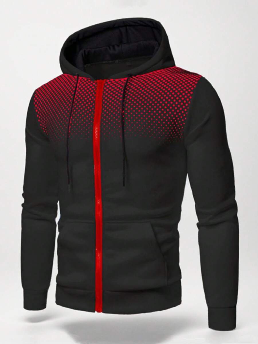 Men's Casual Gradient Polka Dot Print Kangaroo Pocket Zip-Up Hoodie