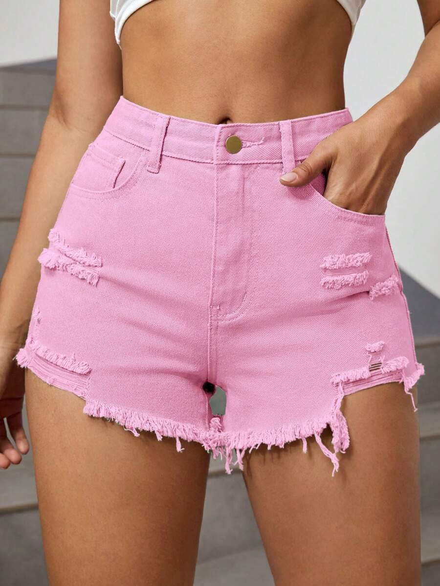SHEIN EZwear Distressed Frayed Denim Shorts