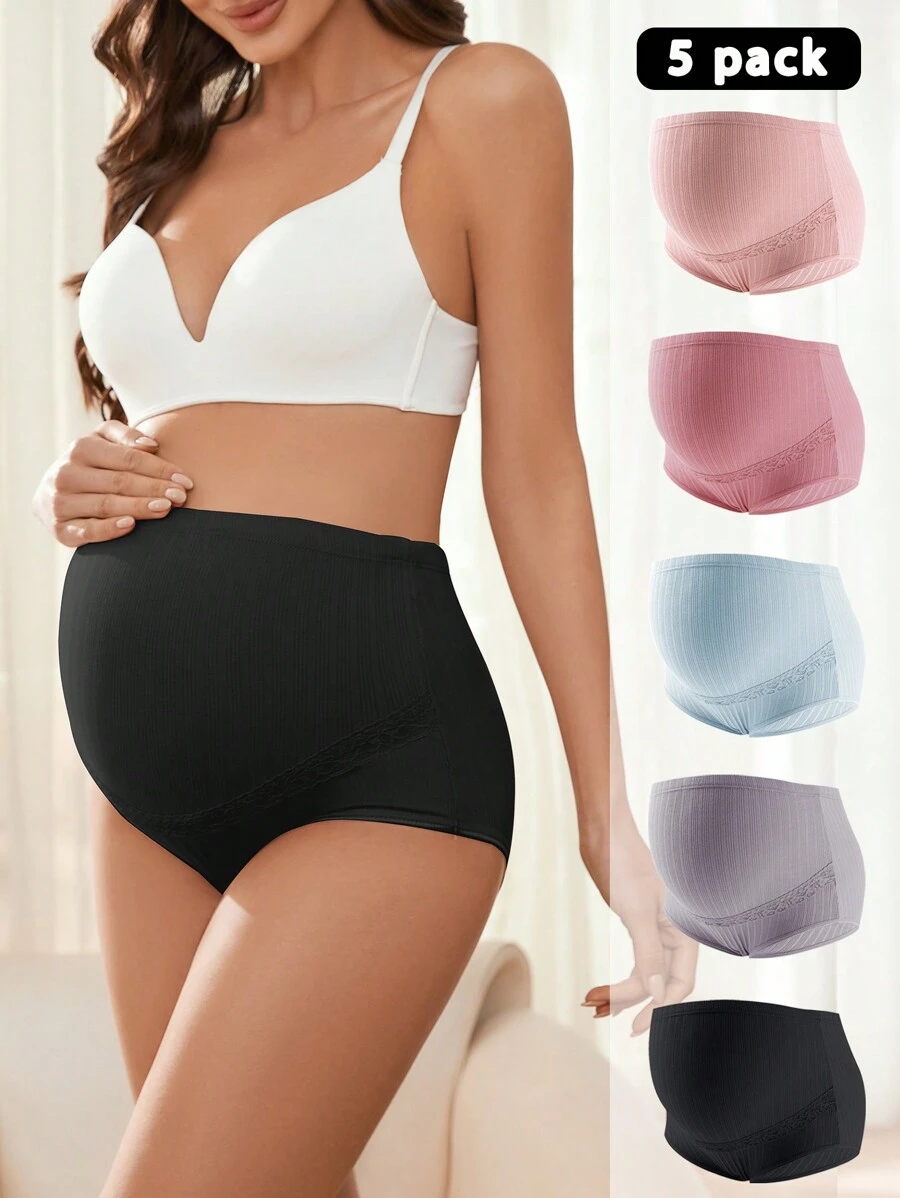 SHEIN Panty di colore solido Maternità a vita alta con bordo in pizzo - Set di 5 Lingerie per la madre