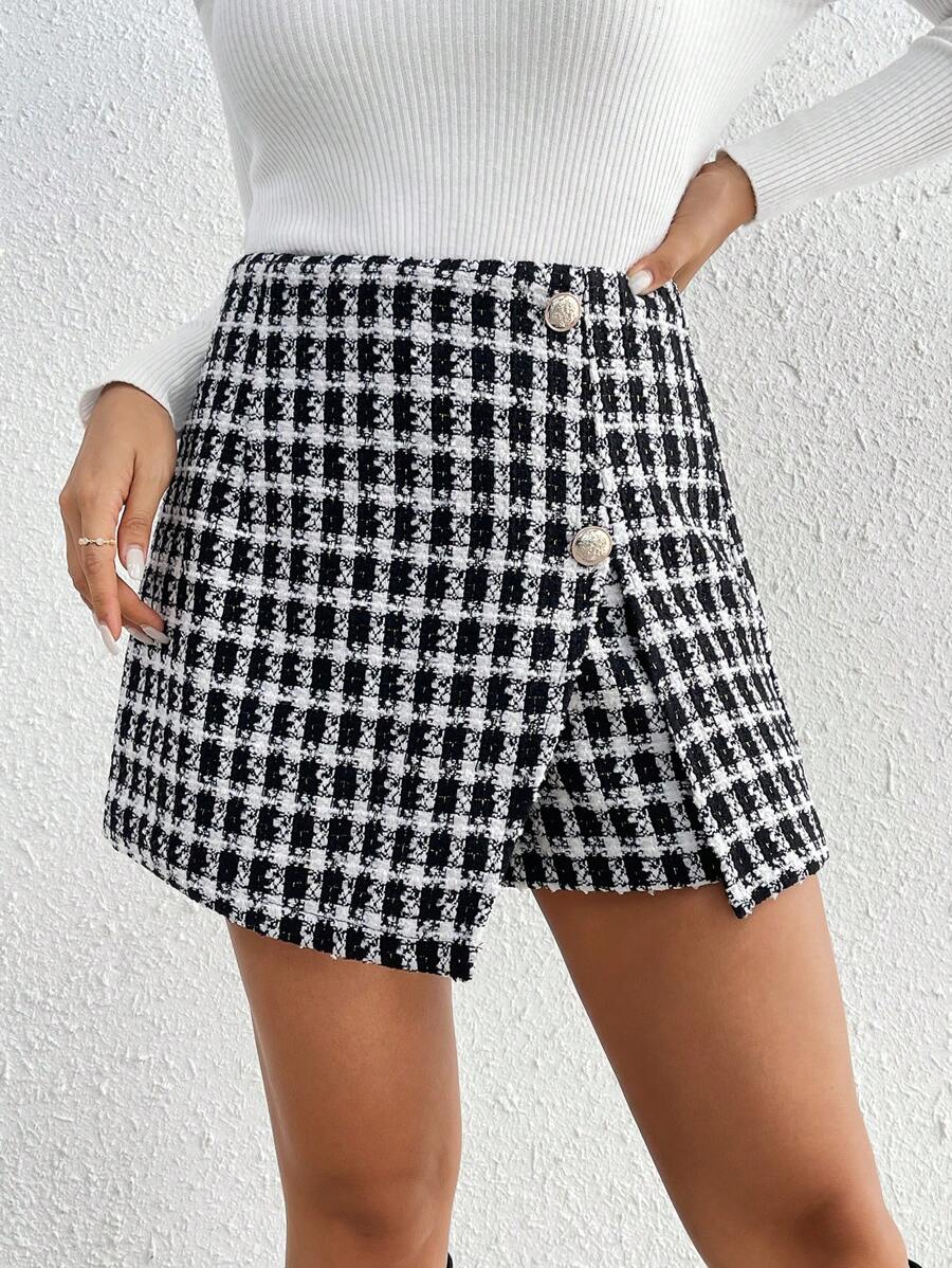 SHEIN Frenchy Pantalones Cortos De Cuadros Con Abertura Lateral Para Mujeres