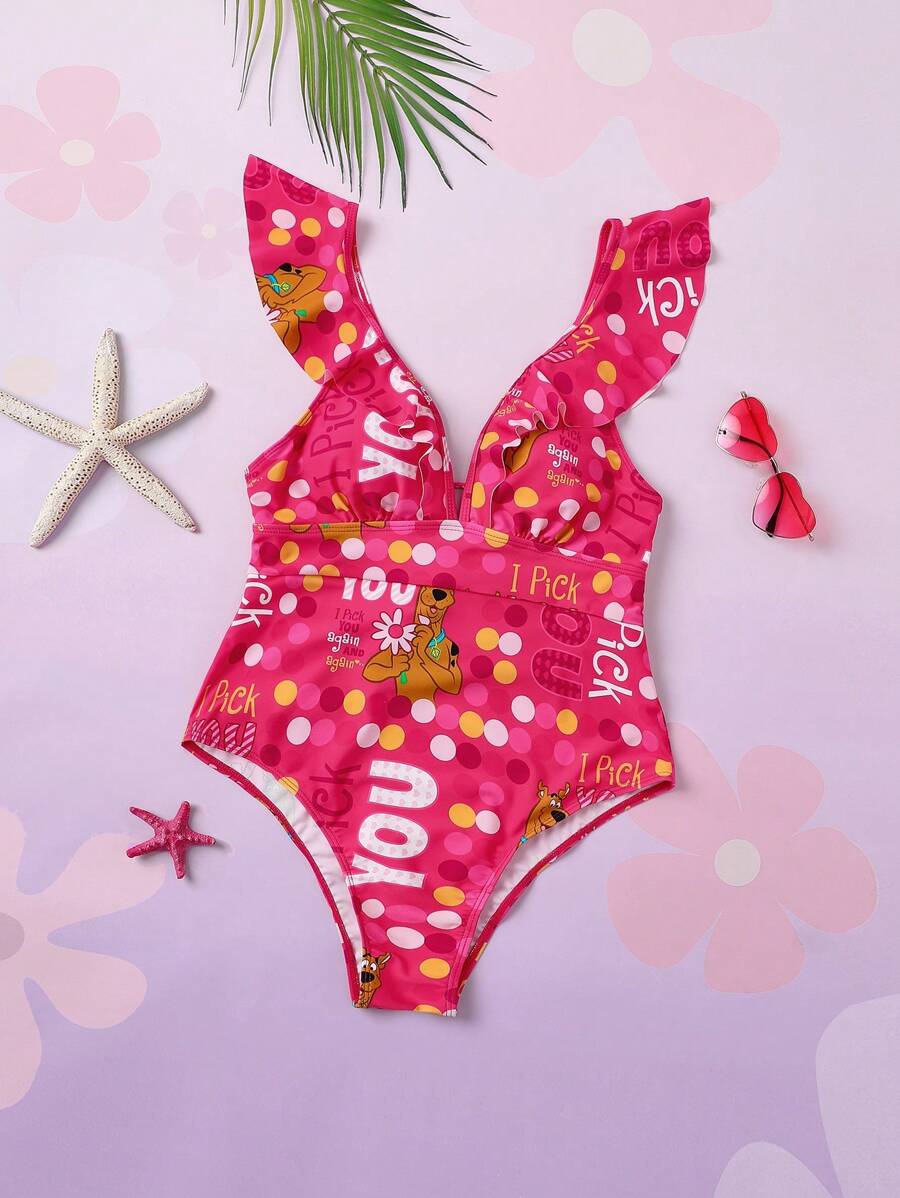 SCOOBY-DOO X SHEIN Plus Size Cute Polka Dot Cartoon Pattern Ruffle Trim One-Piece Swimsuit, Summer