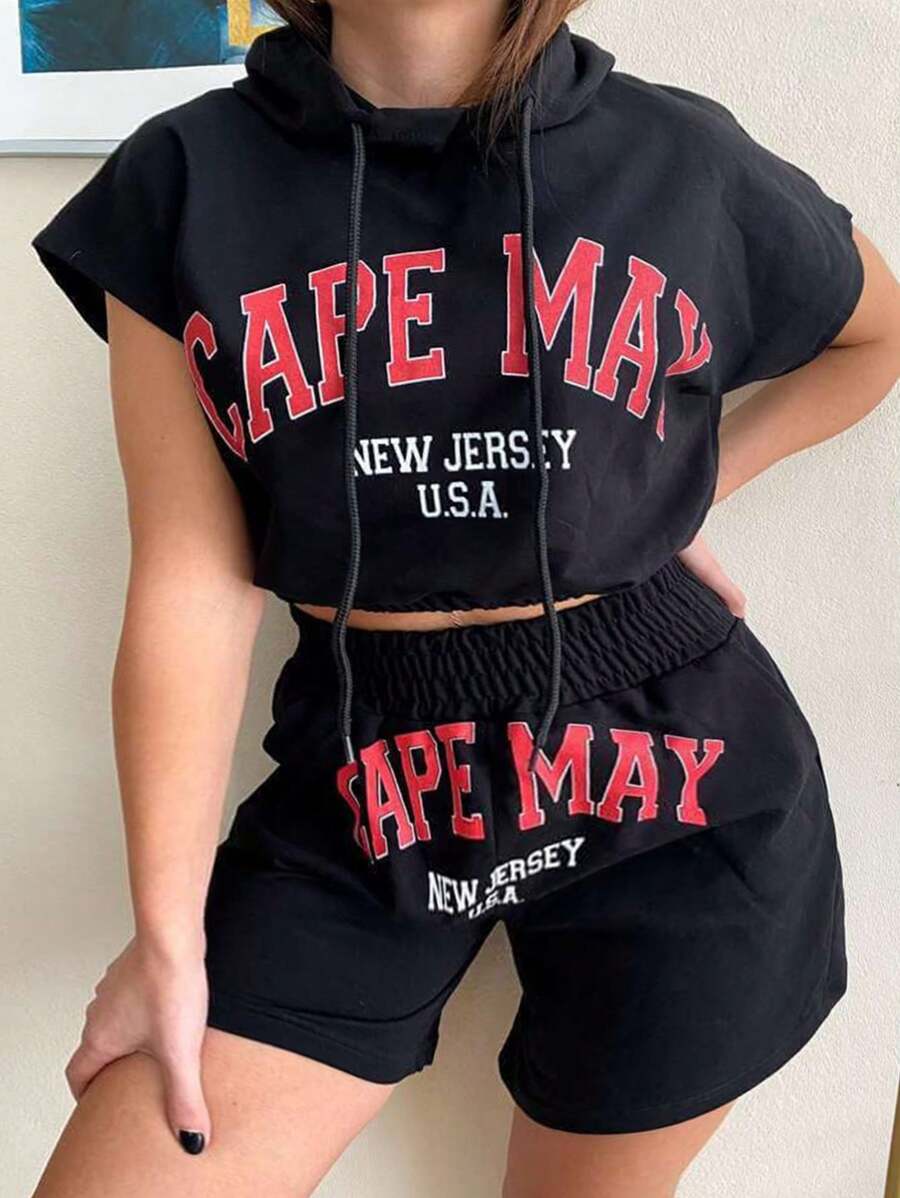 Flirla Plus Size Women'S Letter Printed Short Sleeve Hooded T-Shirt And Shorts Set