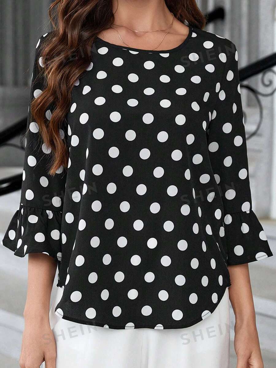 EMERY ROSE Blusa holgada de mujer con cuello redondo, manga 3/4, volantes y estampado de lunares