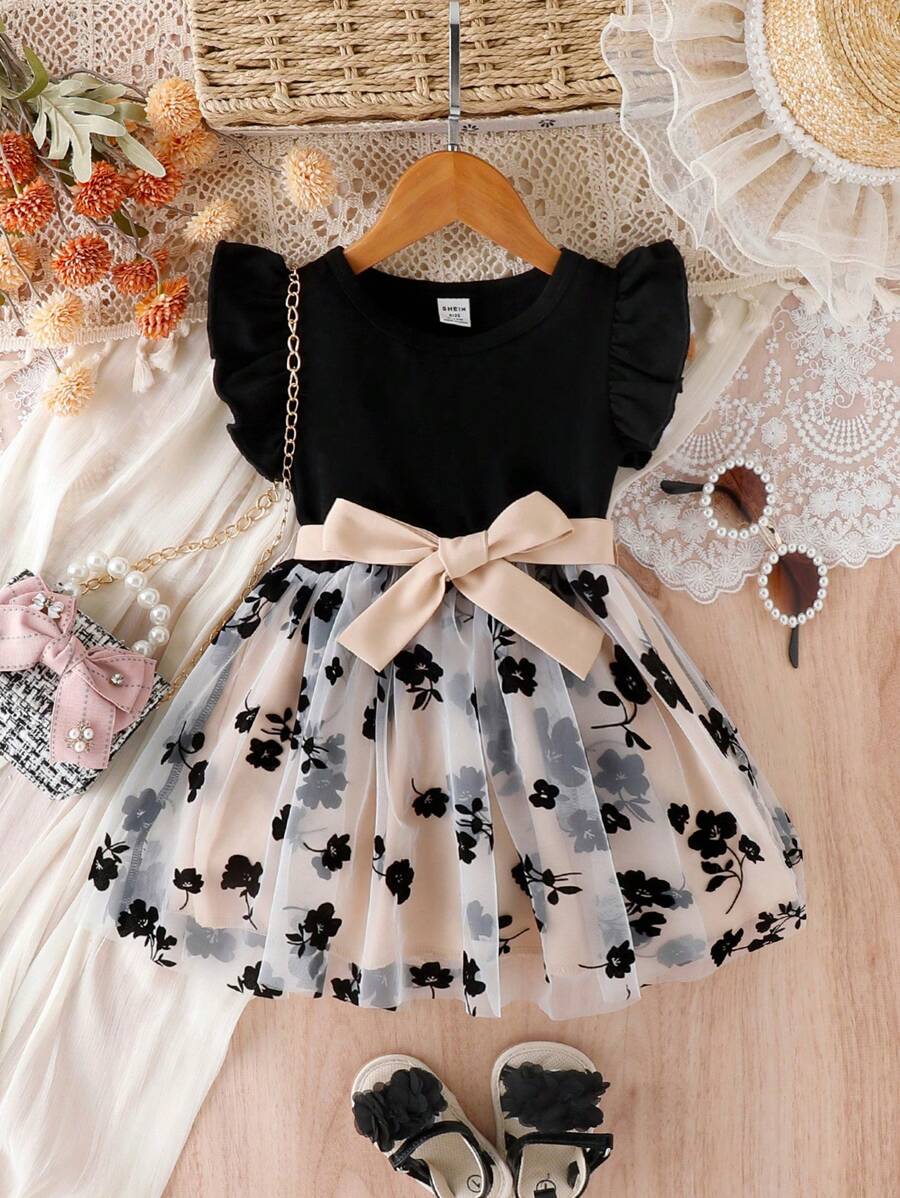 Vestido elegante y dulce con empalme de malla para niña bebé para el verano