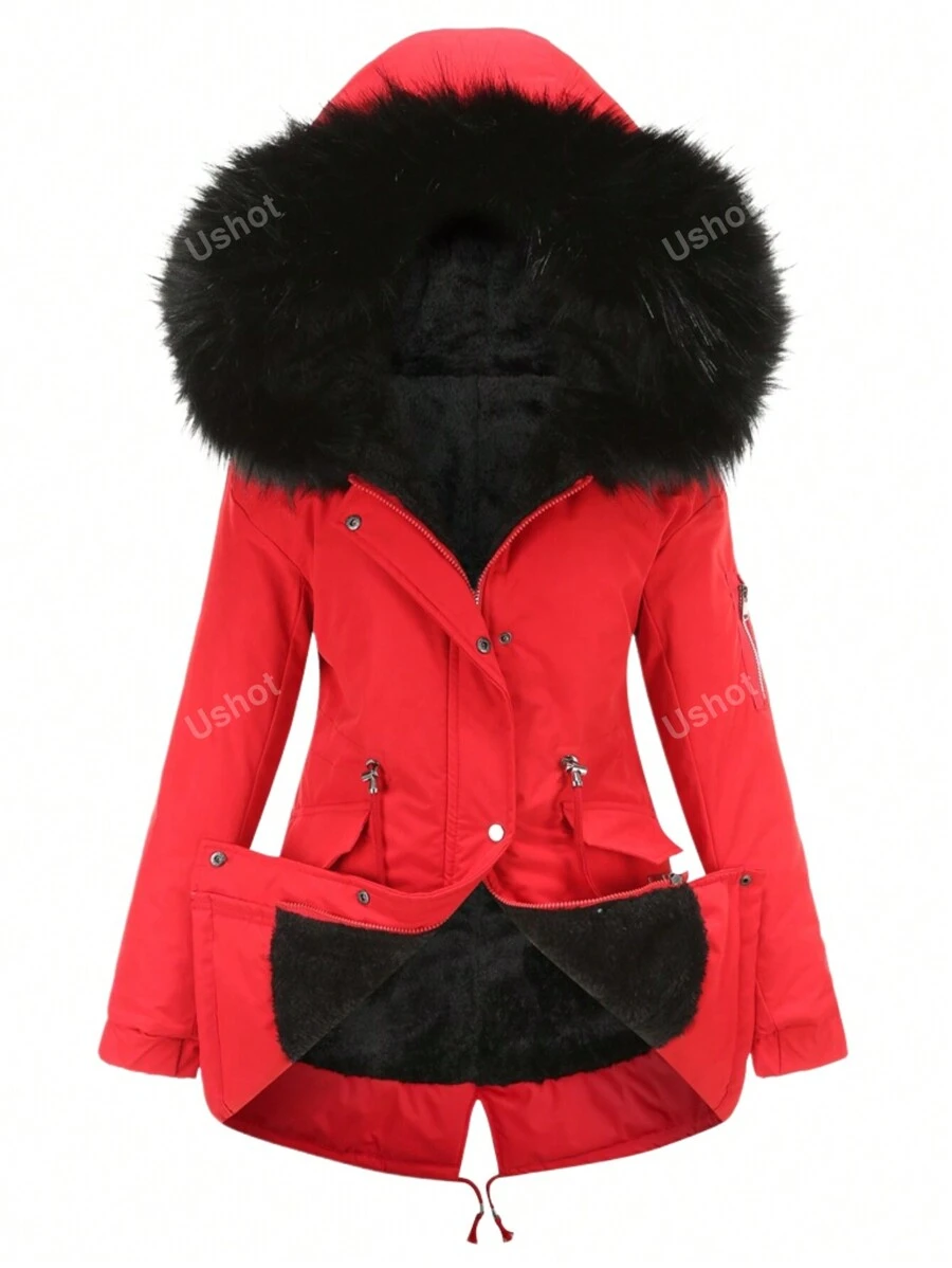 Women's Fleece Winter Coats Collar Long Sleeve Thickened Warm Furry Fluffy Hooded Jacket With Pocket Fashion Ski Windbreaker Outerwear
