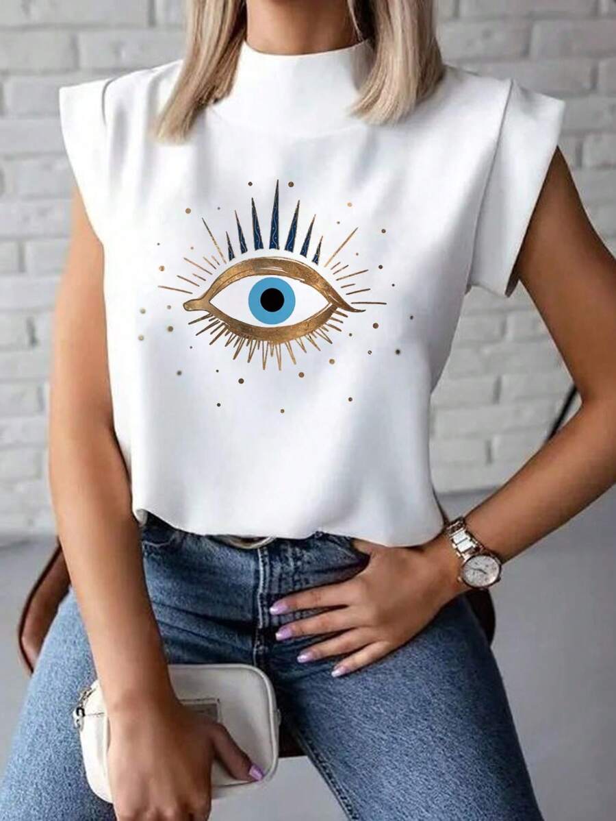INAWLY Women's Short Sleeve T-Shirt With Eye-Printed Cape Graphic Tees Women Tops