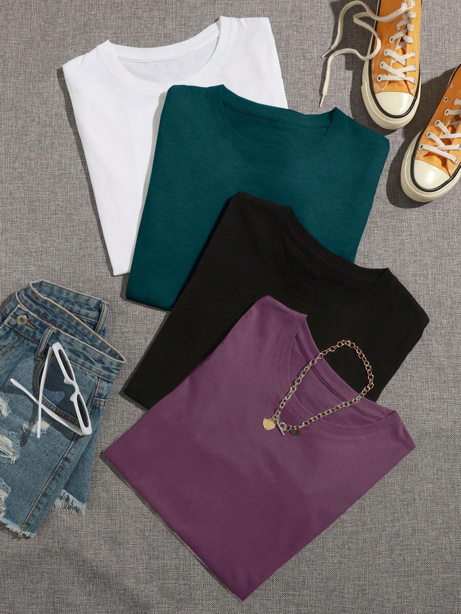 Flirla 4pcs/Set Solid Color Round Neck T-Shirts