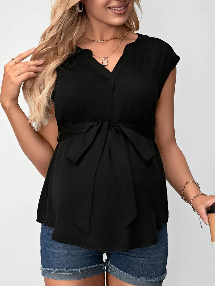 SHEIN Maternity Notched Collar Sleeveless Blouse With Belt Design