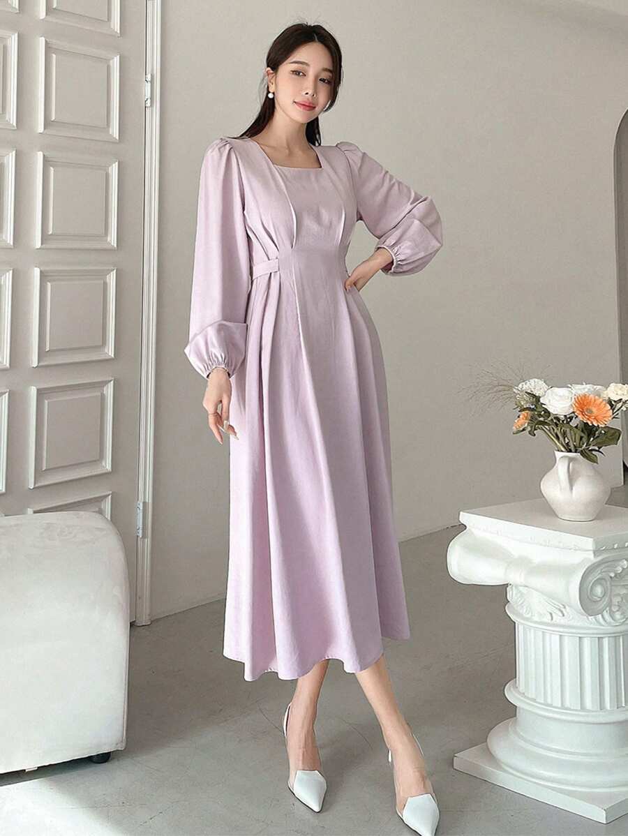 DAZY Ladies' Square Neck Lantern Sleeve Midi Dress