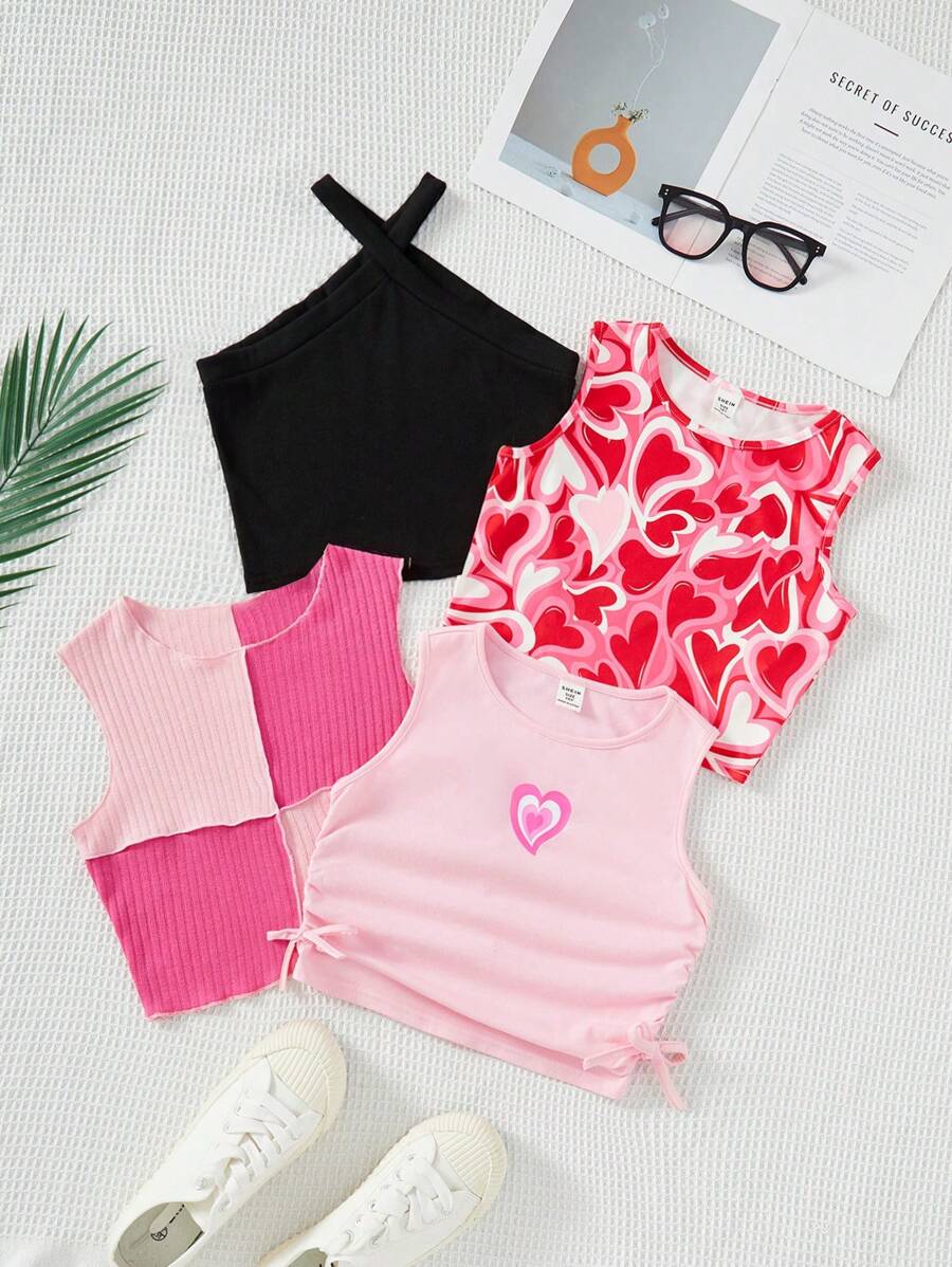 Tween Girls' Knit Short Tank Top For Summer Set With Heart Print, 4pcs For Spring/Summer