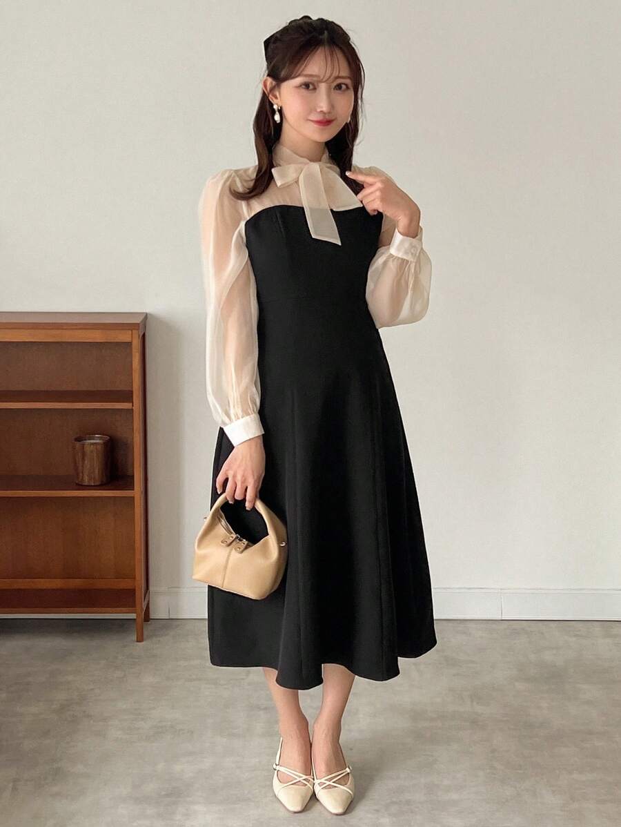 FRIFUL Ladies' Color Block Belted V-Neck Long Sleeve Dress