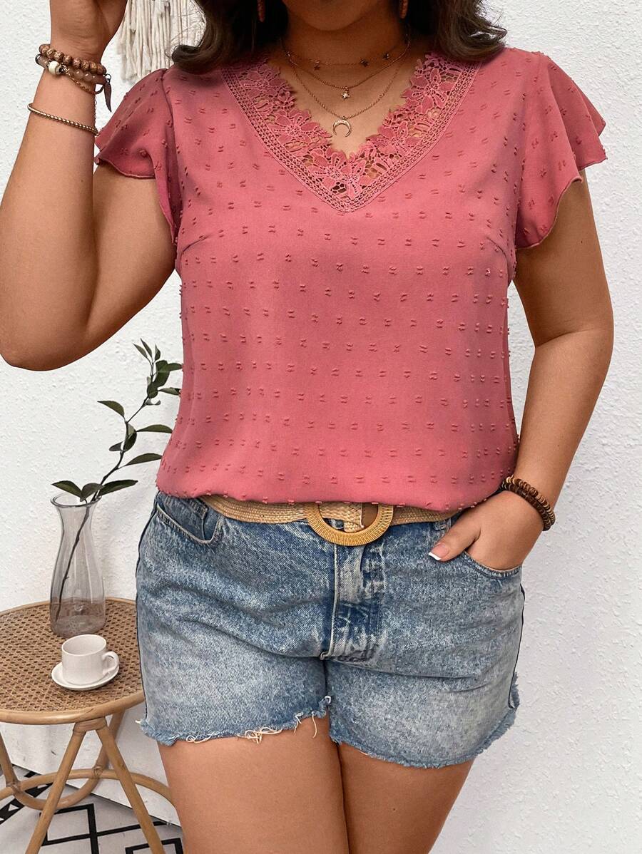 SHEIN Franclia Plus Size Women's Lace Patchwork Ruffle Sleeve Blouse