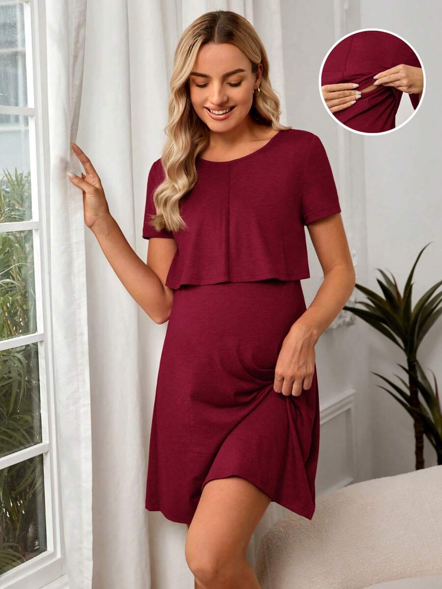SHEIN Maternity Round Neck Short Sleeve Nursing Dress